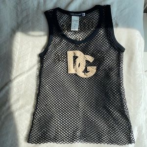 Dolce & Gabbana black mesh tank top with suede lettering